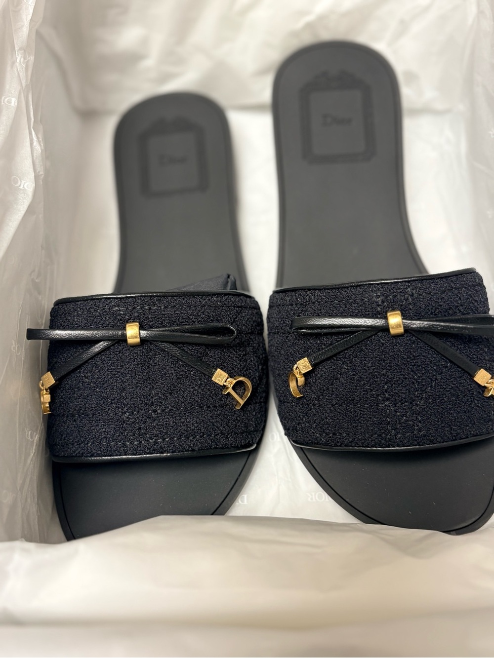 Dior Black Tweed Slide Sandals with Gold Hardware